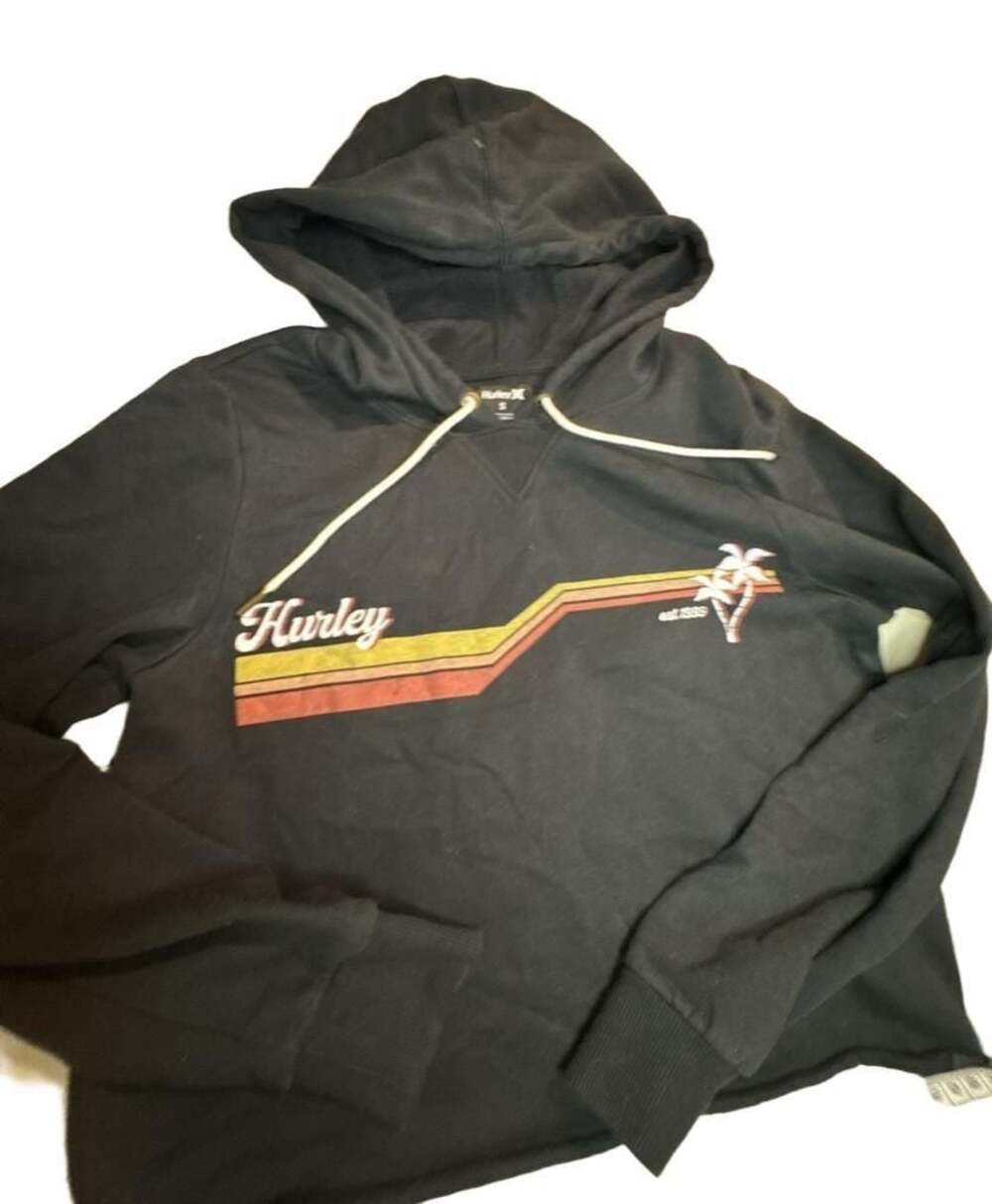 Hurley Black Pullover Hoodie with Retro Stripe and Palm Tree Design, Size S